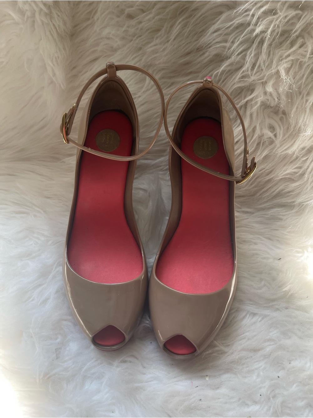Melissa patchouli Nude wedge Peep-Toe Ankle Strap sandals coral pink accent SZ8
